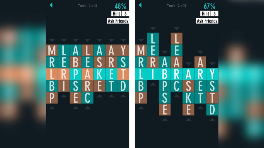 A board shows a puzzle game that revolves around rotating words to form a combination 