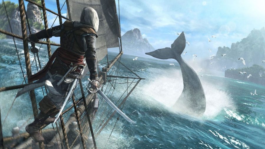 The main character from Assassin's Creed 4 Black Flag, hanging from the ropes of a ship with his sword drawn, watching a whale diving in the water.
