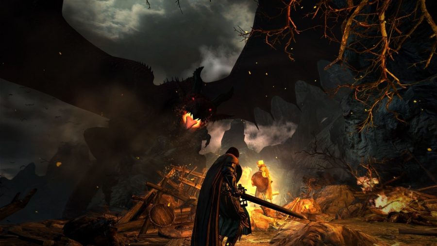 A character from Dragon's Dogma facing up to a dragon in the darkness.