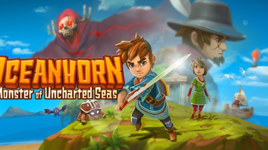 Art from the game Oceanhorn showing the main character weilding his sword with various characters in the background.