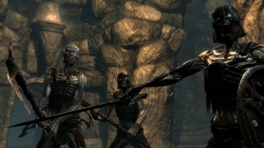 Skeletons adorned in armour and wielding weapons from the game Skyrim.
