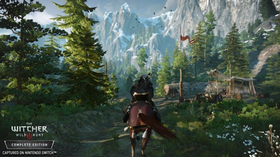 Geralt from the Witcher riding his horse through pine tree-laden woods.
