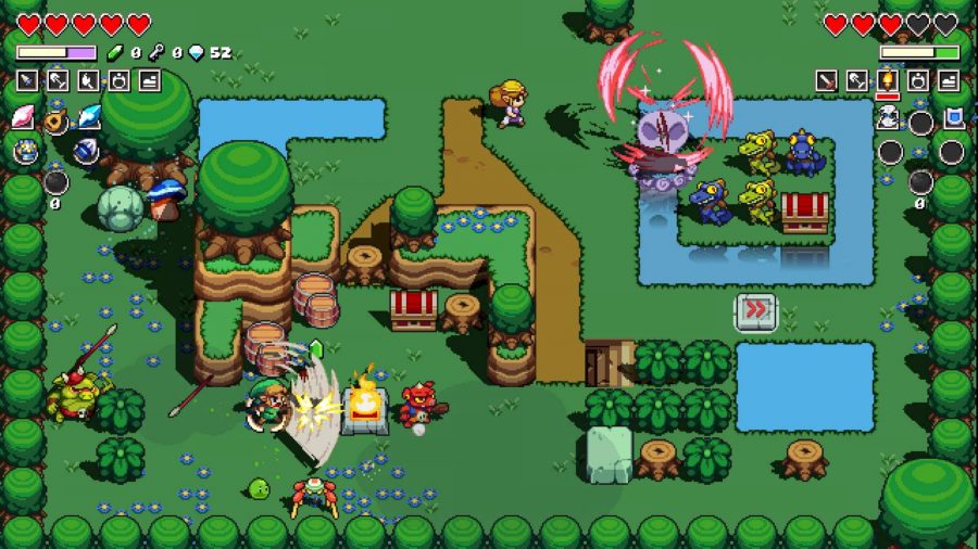Best Zelda games: a pixelated scene shows Link and Zelda battling foes