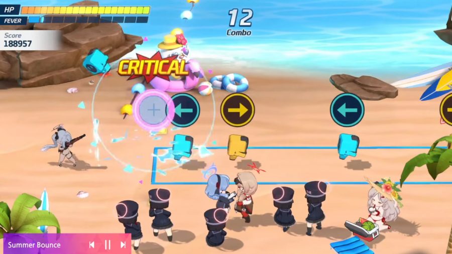 A screenshot of the new Blue Archive minigame, showing a girl shooting to the beat