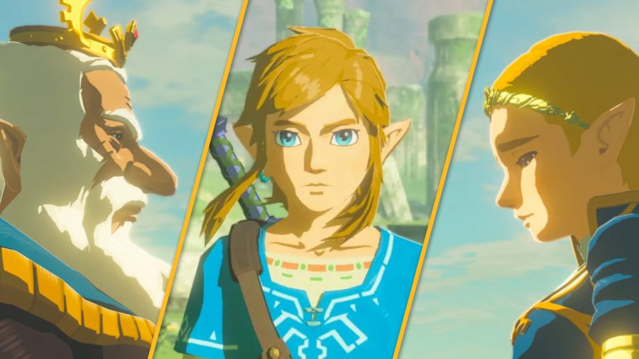 On the right, Zelda from BotW, looking serious and sad. In the middle, Link from BotW, looking serious. On the left, Zelda's dad, looking sad.