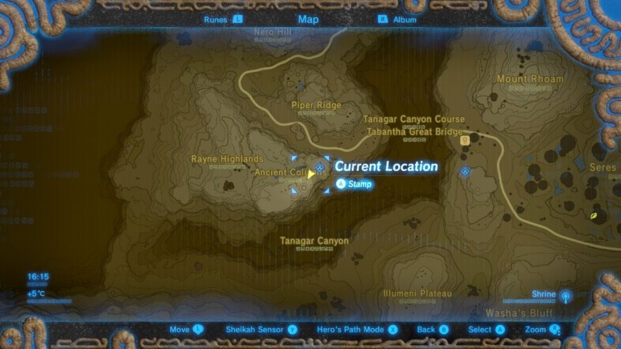 The Ancient Columns memory location on a map from BotW.