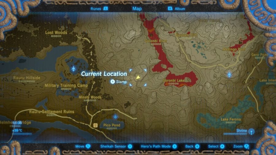 The Eldin Canyon memory location on a map from BotW.