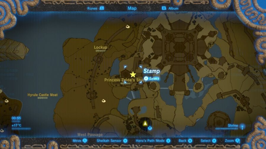 The Hyrule Castle memory location on a map from BotW.