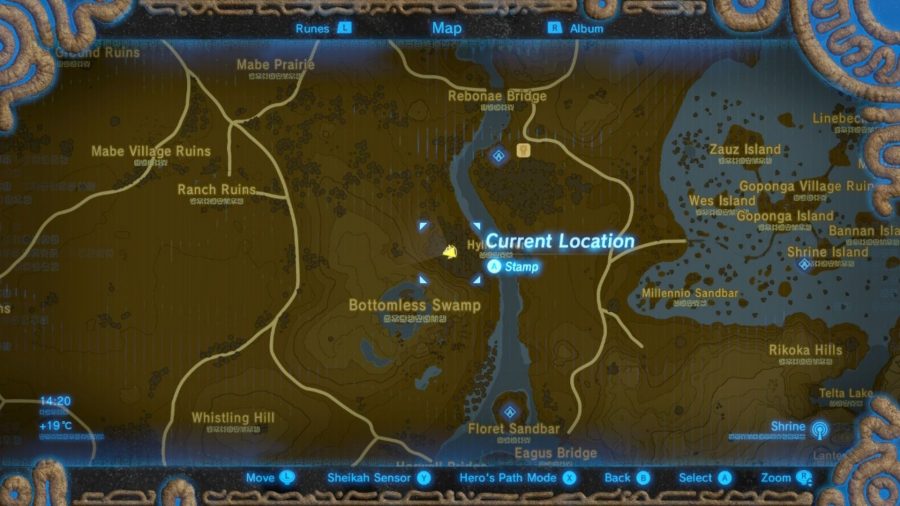 The Hyrule Field memory location on a map from BotW.