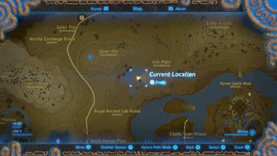 The Irch Plain memory location on a map from BotW.
