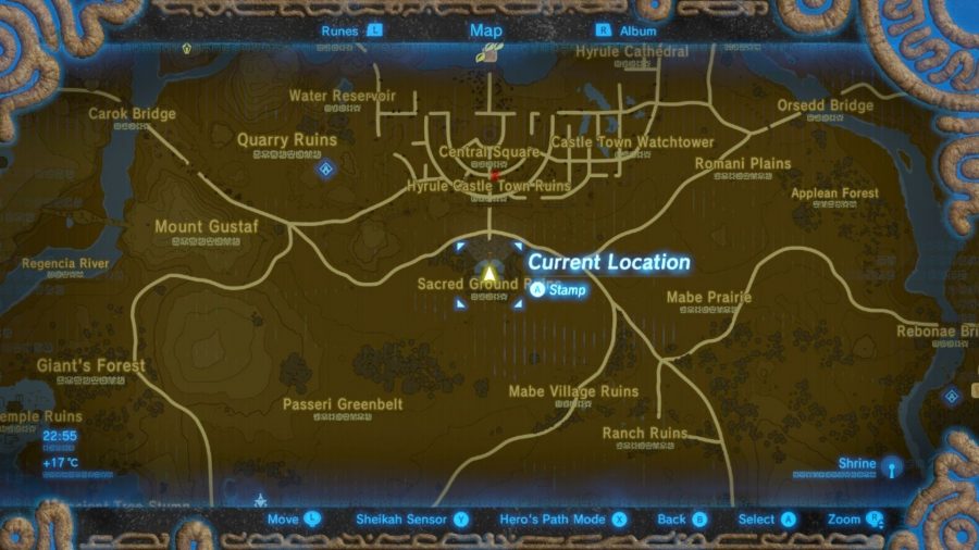 The Sacred Ground Ruins memory location on a map from BotW.