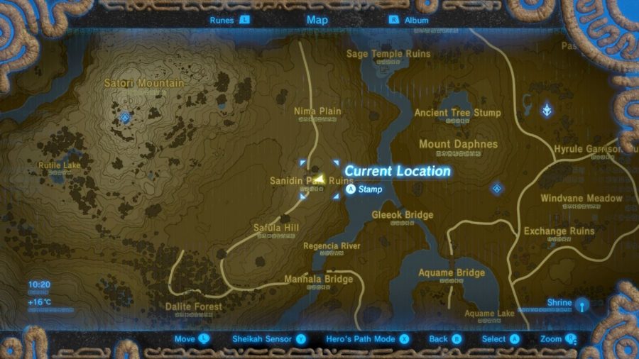 The Sanidin Park Ruins memory location on a map from BotW.
