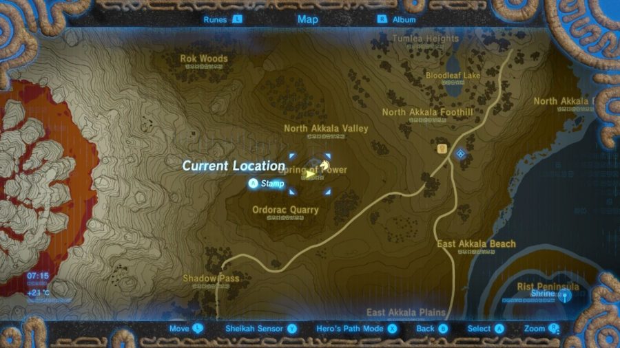 The Spring of Power memory location on a map from BotW.
