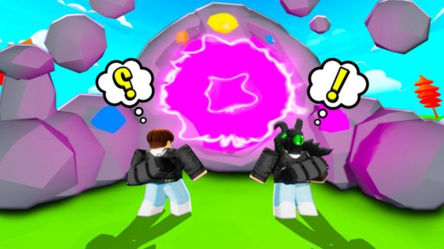 Art for the Roblox game Box Simulator showing two avatars facing away from us, looking at a portal.