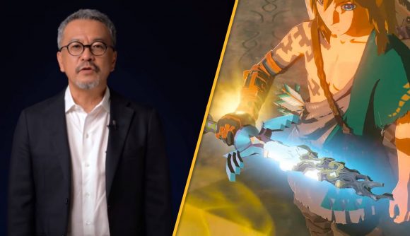 Producer Eiji Aonuma is shown next to an image of Link holding a corrupted Master Sword