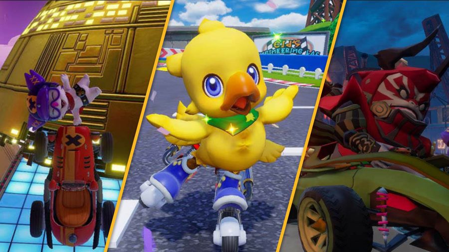 Three Chocobo GP characters on different tracks