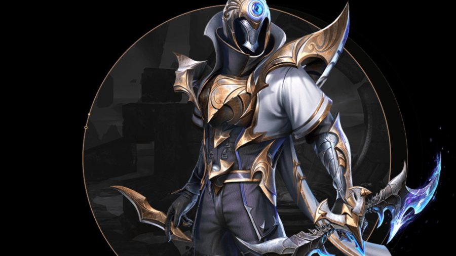 A Dark Nemesis assassin holding a blade in front of a black background