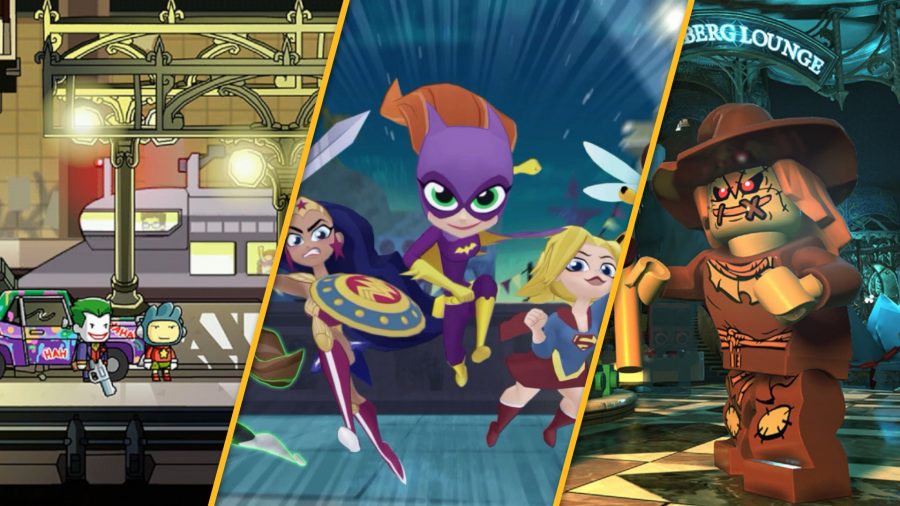 Three pictures of DC games available on Switch. On the left, the main character and the Joker in Scribblenauts. On the right, the scarecrow in Lego DC. And in the middle Batgirl from DC Superheros.