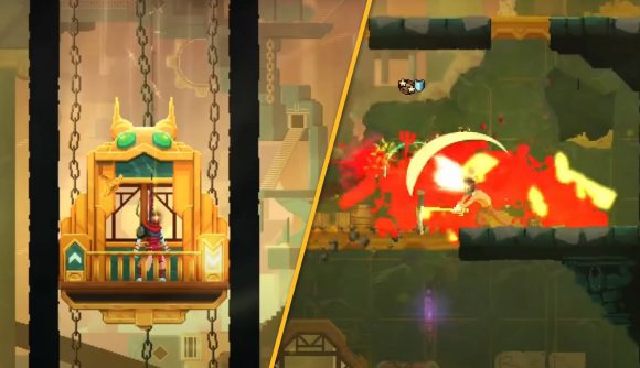 Two screenshots from Dead Cells show a character travelling in an elevator, as well as a character attacking another with a pickaxe