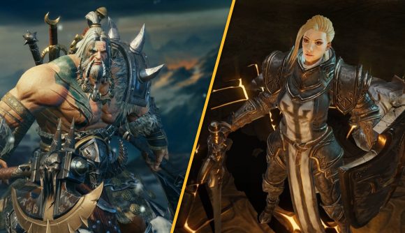 Two characters from Diablo Immortal, pre-registration now open. One is a big dude, very muscular, with spiky armour and long grey hair. The other is an elegant blonde woman, with medieval garb and a sword.