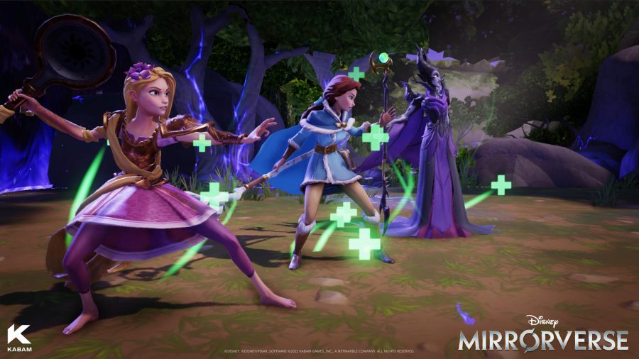 Rapunzel, Belle, and Maleficent in combat