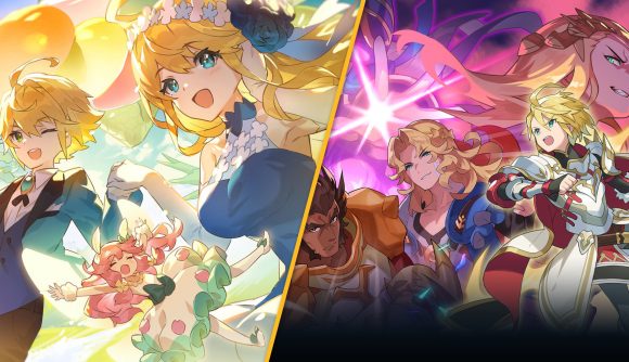 On the left, a male and female character from Dragalia Lost who look like they're having fun. On the right, some more serious characters from the game, looking moody.