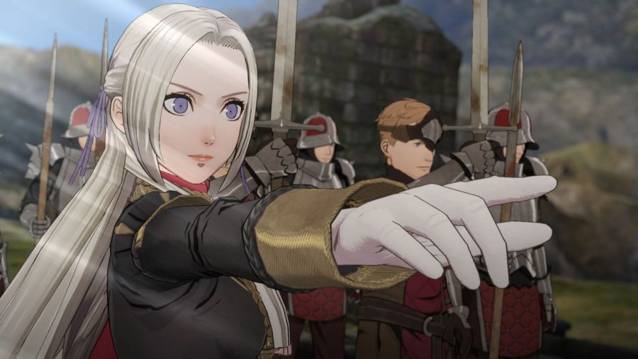 Edelgard from the Red Eagles house in Fire Emblem Three Houses, pointing into the distance with her army behind her.