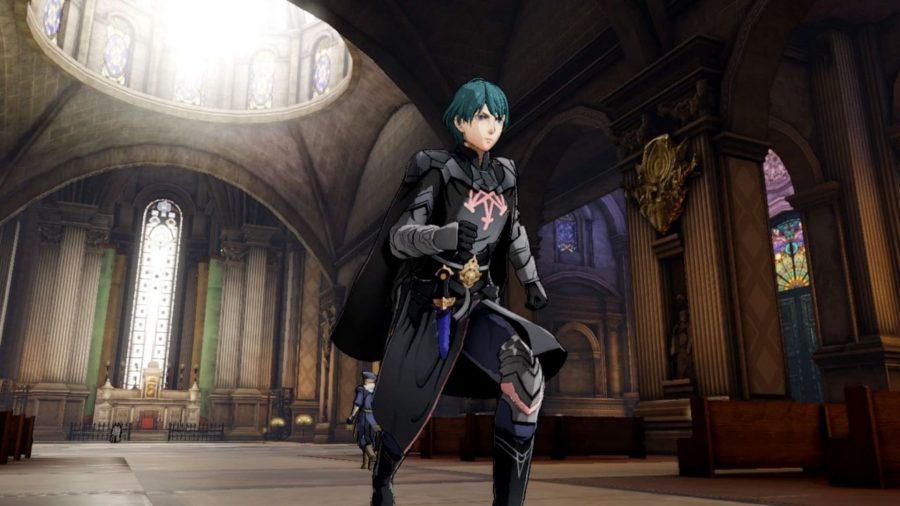 Byleth running through the monastery in Fire Emblem Three Houses.