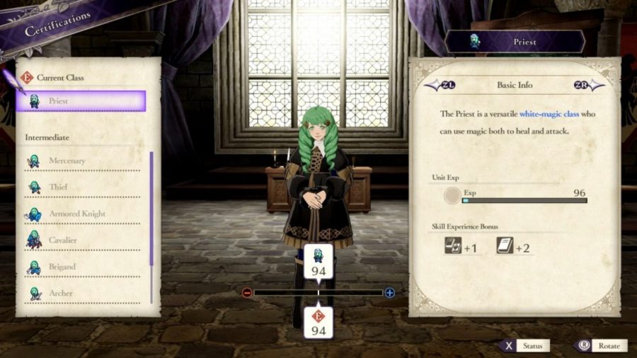Flayn from Fire Emblem Three Houses, with possible classes in a menu on the right hand side.
