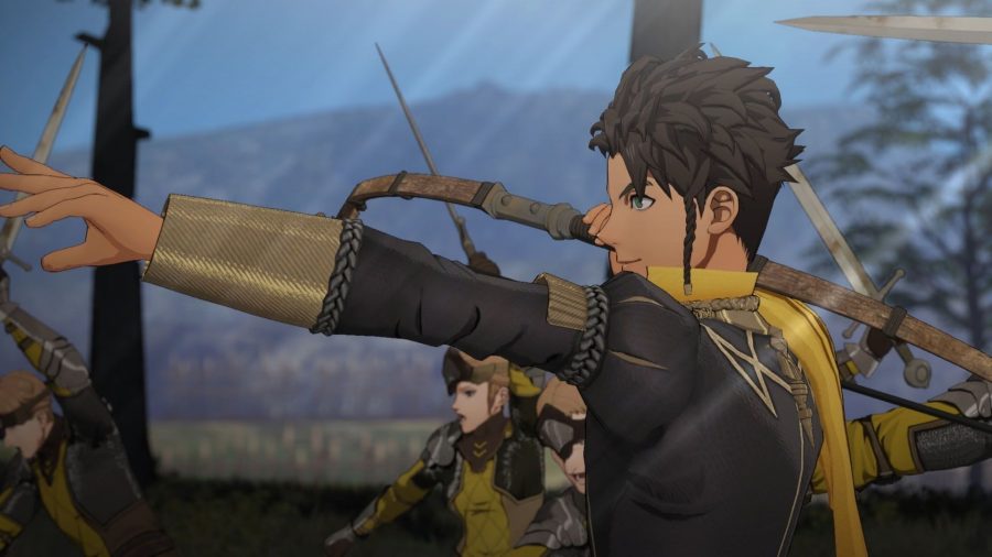 Claude from the Golden Deer house in Fire Emblem Three Houses, pointing into the distance.