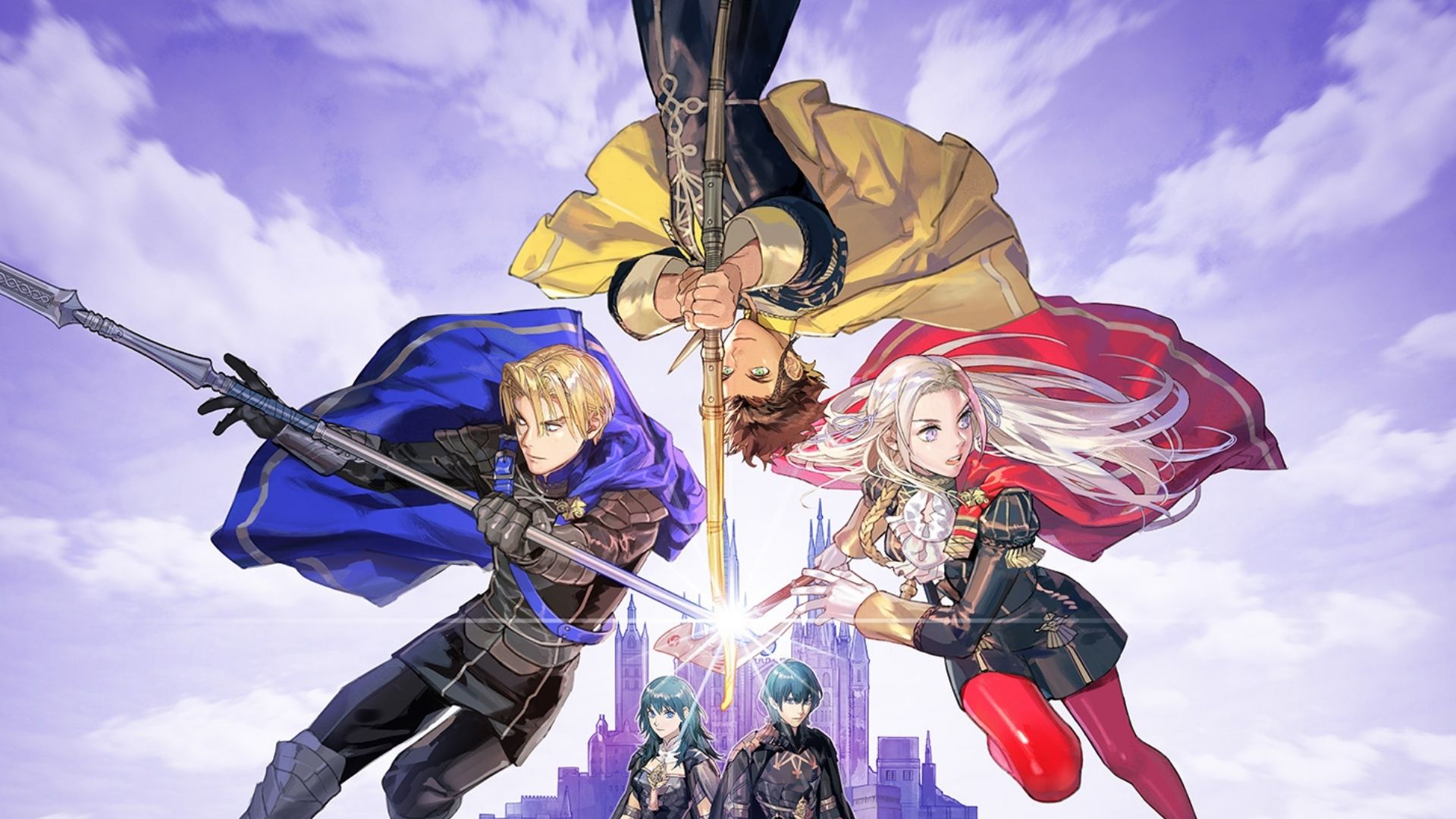 The leaders of the three houses in Fire Emblem Three Houses, alongside both versions of Byleth.