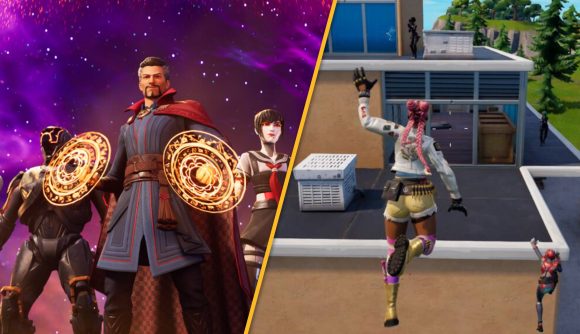 Doctor Strange is shown in Fortnite, next to a screenshot of characters climbing up walls