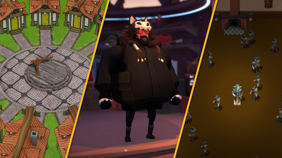 A screenshot of three games like Among Us. On the left, the town from Town of Salem, on the right, small characters from Hidden in Plain sight, and in the middle, a large man from Project Winter wearing a wolf hat.