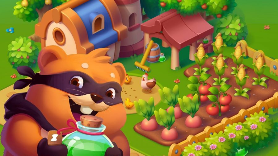 Art from Island King, showing a small bear creature looking happy, with abundant crops and chickens in the background.