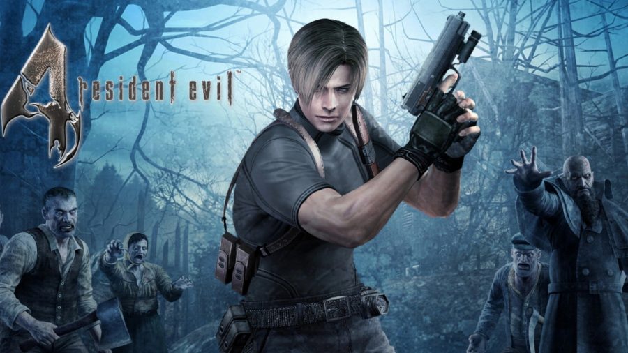 Leon Kennedy posing with a gunn with zombies in the background