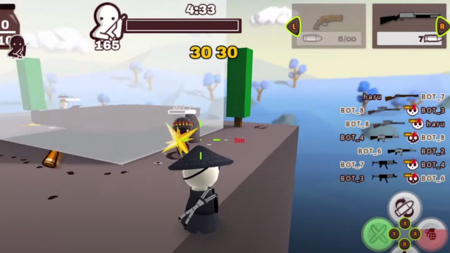 A character in a samurai hat fighting another player