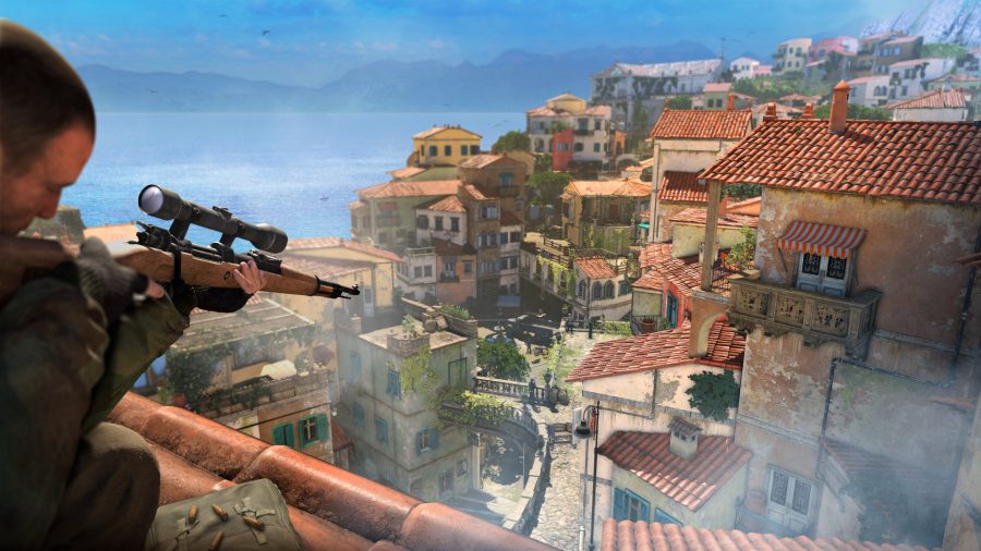 A sniper aiming over some buildings on the seafront