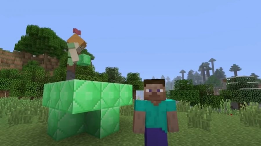 A Minecraft character standing next to a bush