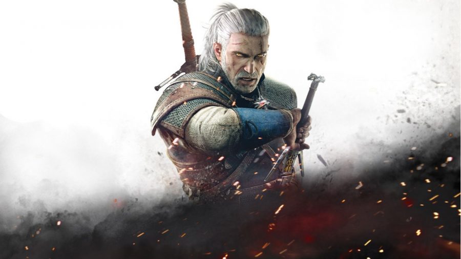 Geralt drawing his sword in front of a white background