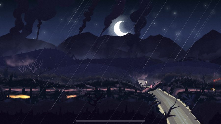 A screenshot from Gibbon: Beyond the Trees showing a night sky with rain falling and pillars of smoke rising in the mountains.
