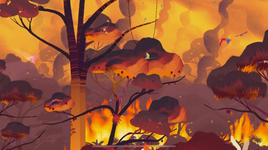 A screenshot from Gibbon: Beyond the Trees showing a forest full of flames
