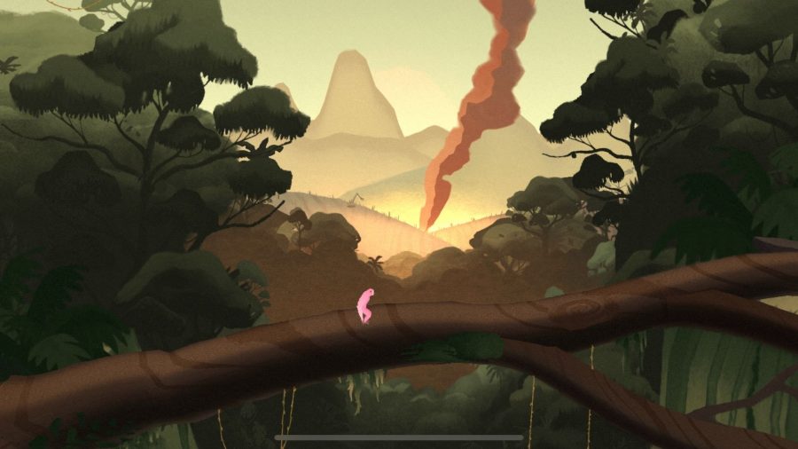 A screenshot from Gibbon: Beyond the Trees showing a pink gibbon stood on a fallen tree, with smoke rising from the rolling hills in the background.