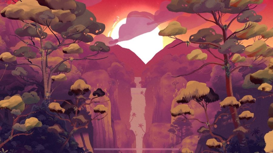 A screenshot from Gibbon: Beyond the Trees showing a red sunset behind a giant waterfall dividing the forest in two.