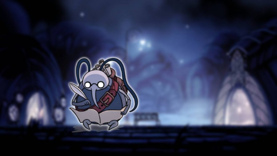 Cornifer from Hollow Knight is visible against the backdrop of Dirtmouth