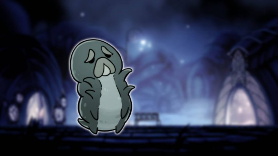 Grubbfather from Hollow Knight is visible against the backdrop of Dirtmouth