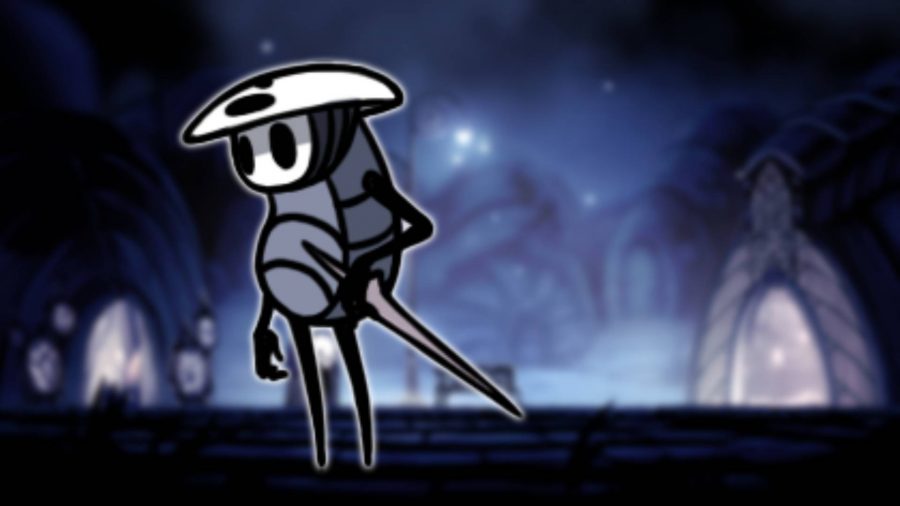 Quirrel from Hollow Knight is visible against the backdrop of Dirtmouth