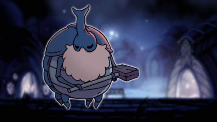 Nailsmith from Hollow Knight is visible against the backdrop of Dirtmouth
