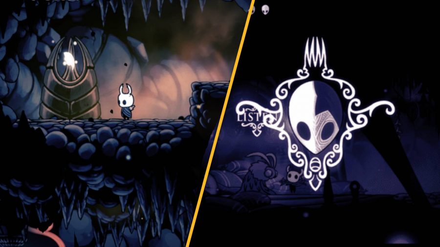 The Knight from Hollow knight stands in a dank and dark room, next to an image of a player collecting a third mask shard