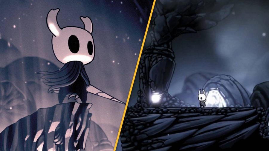 Key art for Hollow Knight shows the Knight holding nail, next to an image of them atop crystal peak next to a piece of pale ore