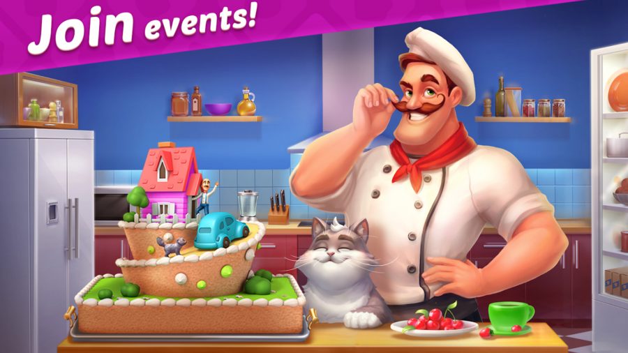 A chef in a kitchen with a cat and food